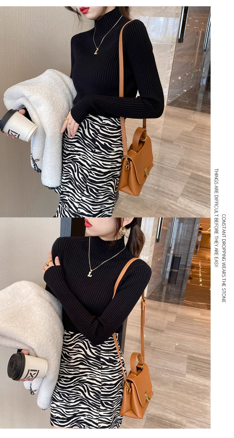 Women's high-neck sweater, new autumn and winter style, mid-neck base layer, high-end slim-fit knit top.