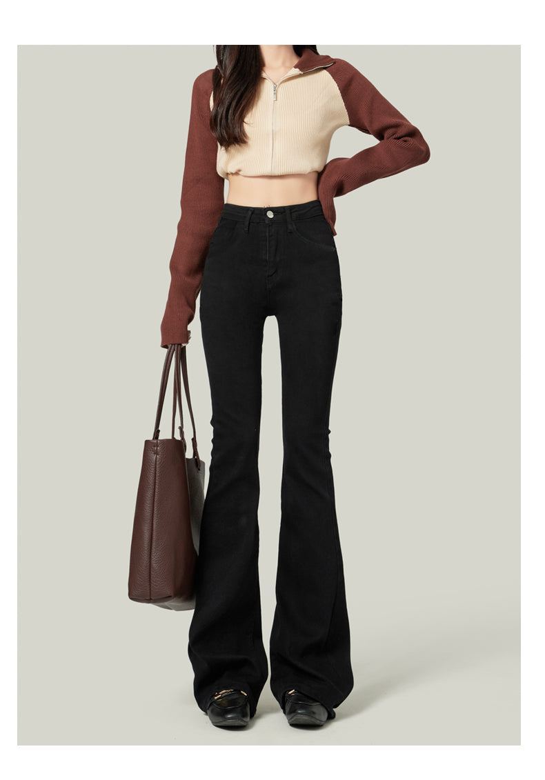 Women's Black Flared Jeans, 2020 New Style, High-Waisted, Stretch, Horse-Shaped Pants