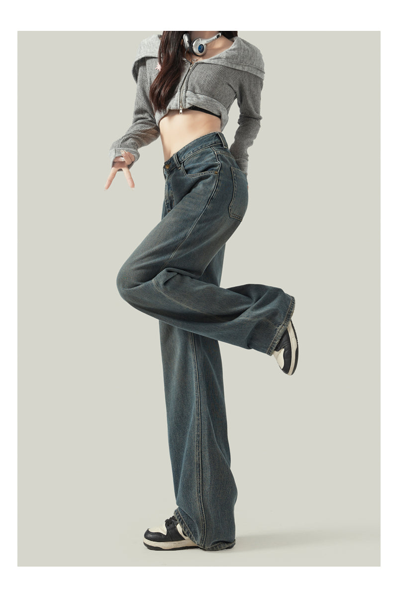 Cement gray straight leg jeans for women, new style, retro Hong Kong style, slimming, drapey wide leg pants