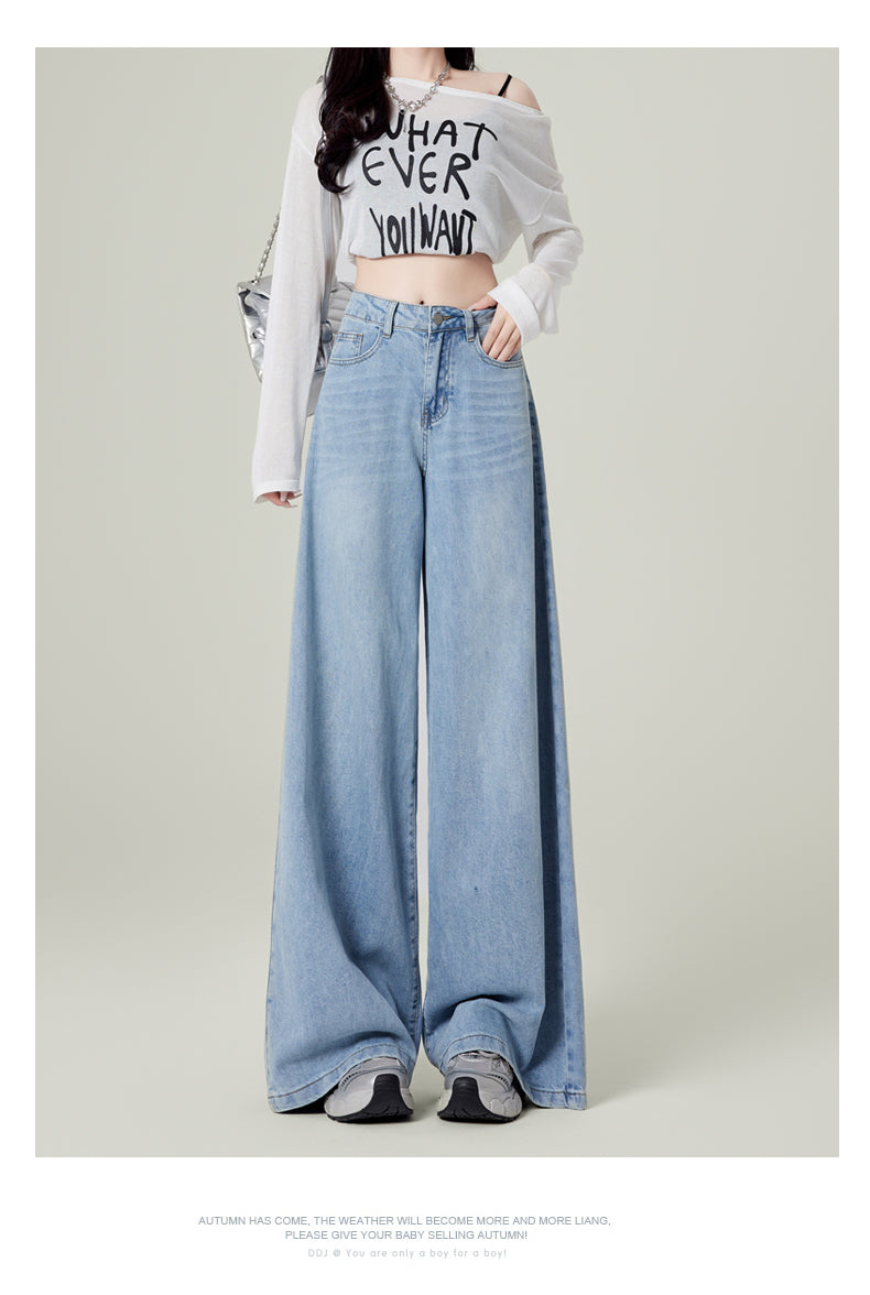 Retro dark blue wide-leg jeans for women, spring and autumn, high-waisted, loose-fitting, floor-length trousers.