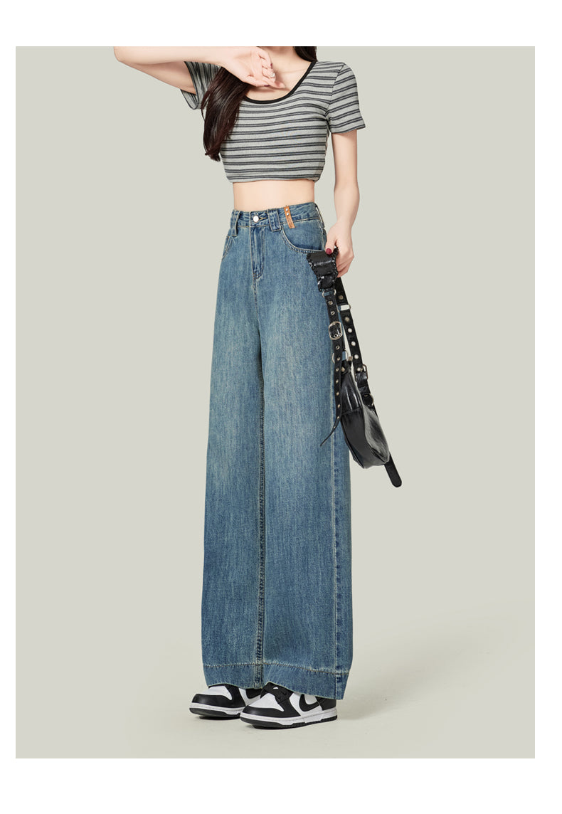 Retro blue high-waisted cropped straight leg jeans for petite women, pear-shaped, loose fit, slimming wide-leg pants