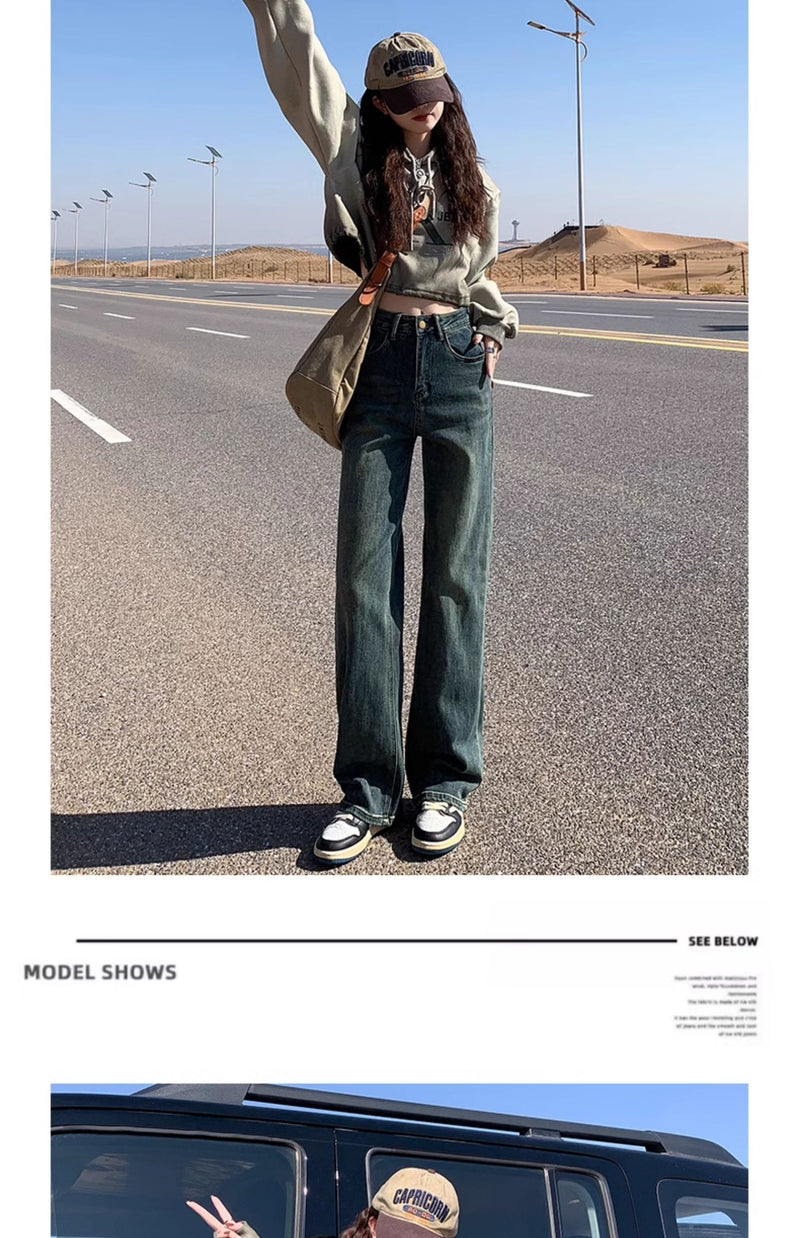 Cement gray fleece-lined slim-fit straight leg jeans for women, new style, high-waisted, slimming, wide-leg pants for petite women.