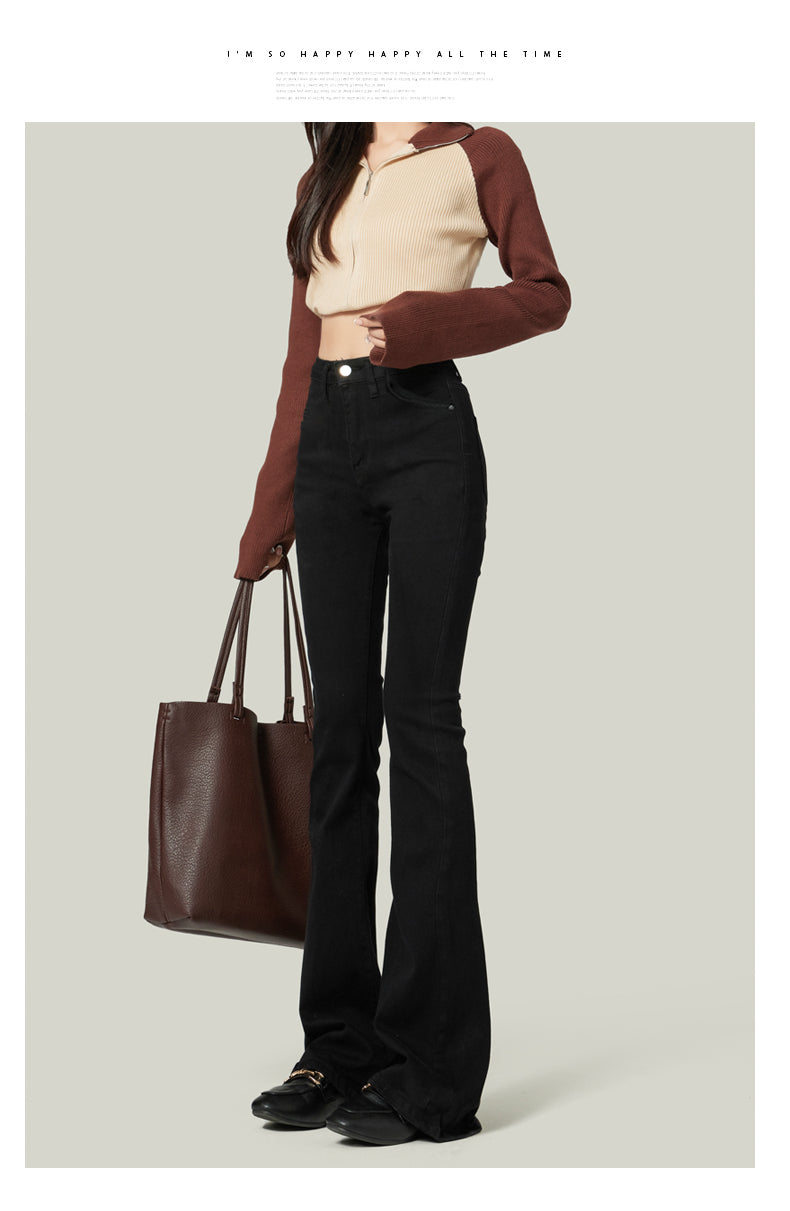 Women's Black Flared Jeans, 2020 New Style, High-Waisted, Stretch, Horse-Shaped Pants