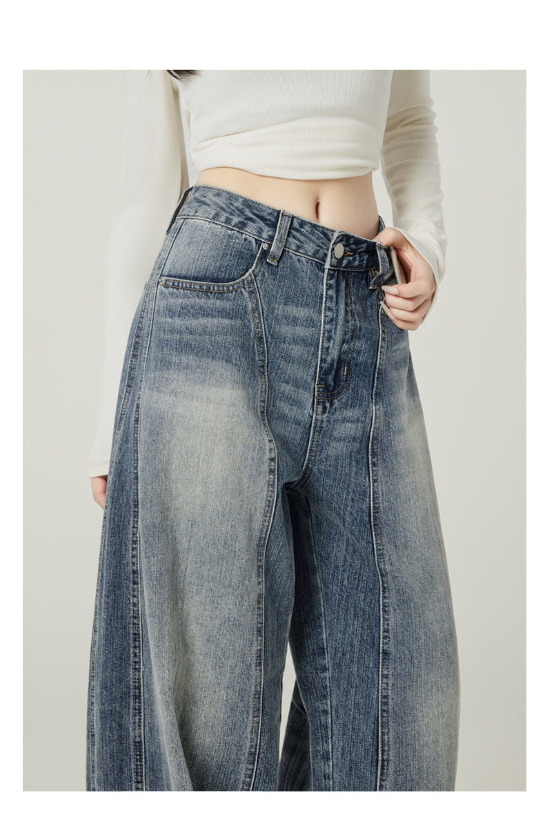 Retro blue high-street loose wide-leg jeans for women, American design, high waist and drape.