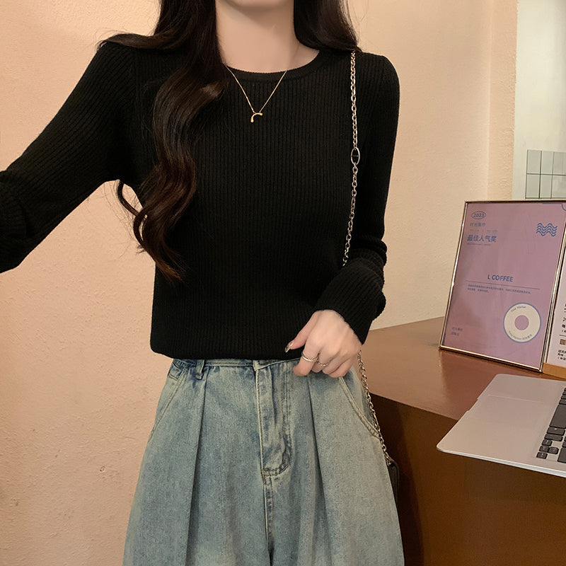 Autumn/Winter Half-High Neck Slim Fit Long Sleeve Base Knit Top Thick Fleece Warm White Sweater for Women