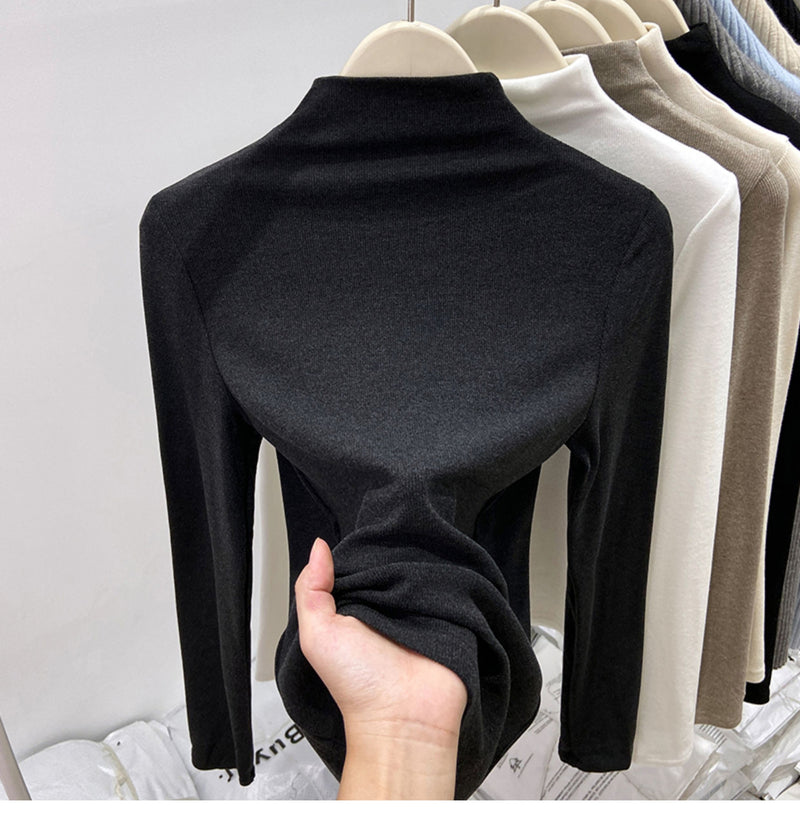 New autumn/winter style high-neck mousse cashmere long-sleeved base layer top for women, brushed fleece inner layer, high-end fleece-lined top