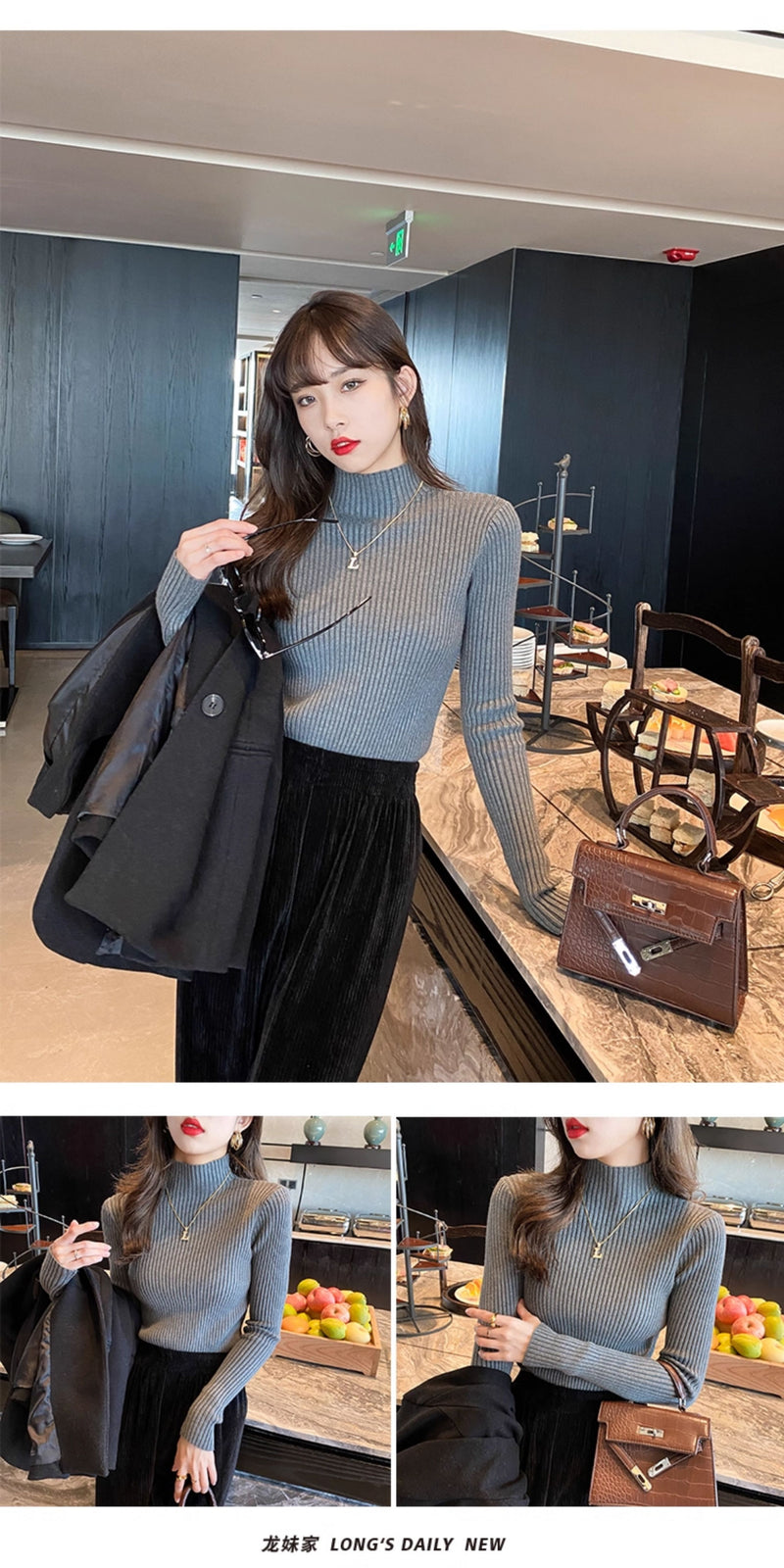 Women's high-neck sweater, new autumn and winter style, mid-neck base layer, high-end slim-fit knit top.