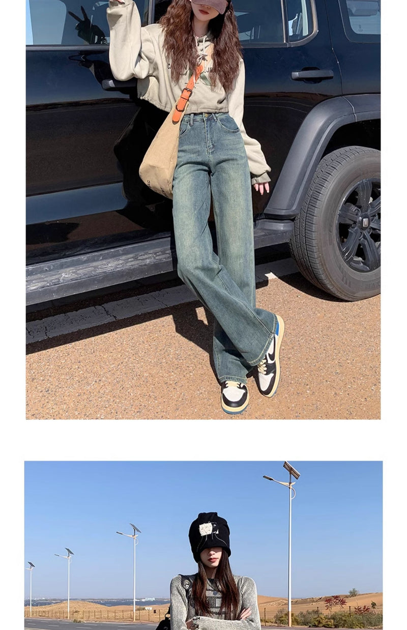 Cement gray fleece-lined slim-fit straight leg jeans for women, new style, high-waisted, slimming, wide-leg pants for petite women.