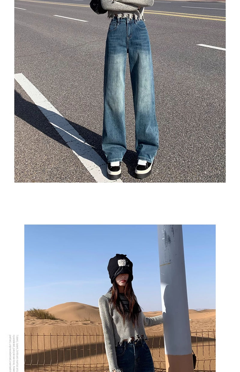 Cement gray fleece-lined slim-fit straight leg jeans for women, new style, high-waisted, slimming, wide-leg pants for petite women.