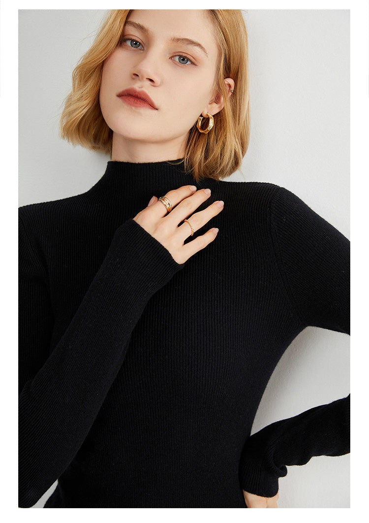 Women's Autumn/Winter High-Neck Sweater, Slim Fit, Solid Color, High-End Wool Knit Base Layer, Striped Design, Suitable for Inner Wear or Outer Wear