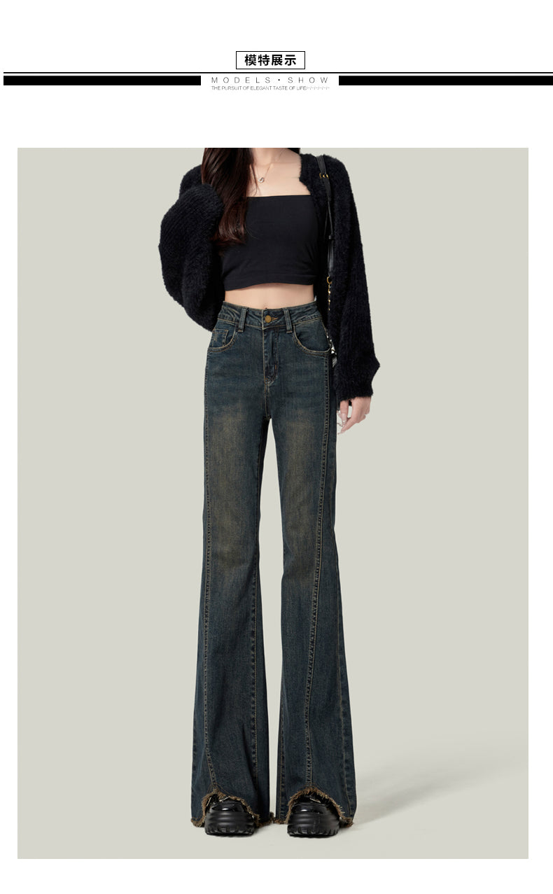 Light blue flared jeans for women, high-waisted, slim-fitting, platform style, floor-length.