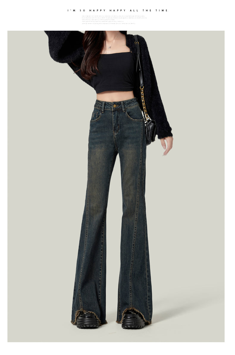 Light blue flared jeans for women, high-waisted, slim-fitting, platform style, floor-length.