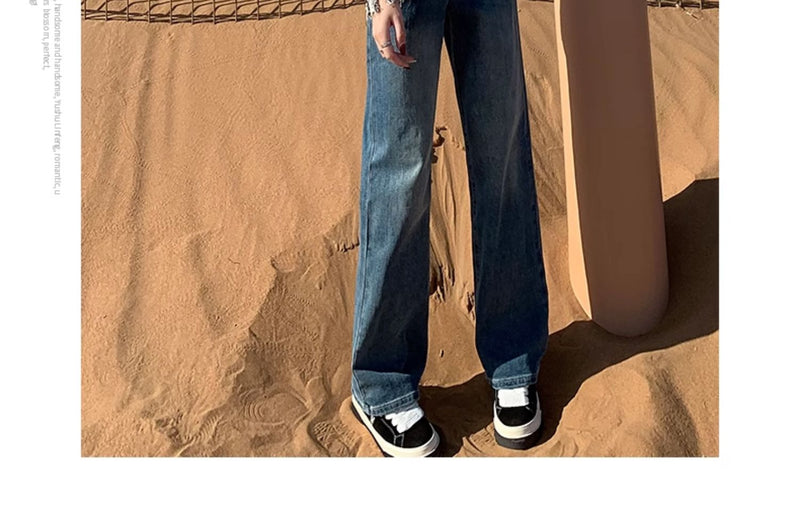 Cement gray fleece-lined slim-fit straight leg jeans for women, new style, high-waisted, slimming, wide-leg pants for petite women.