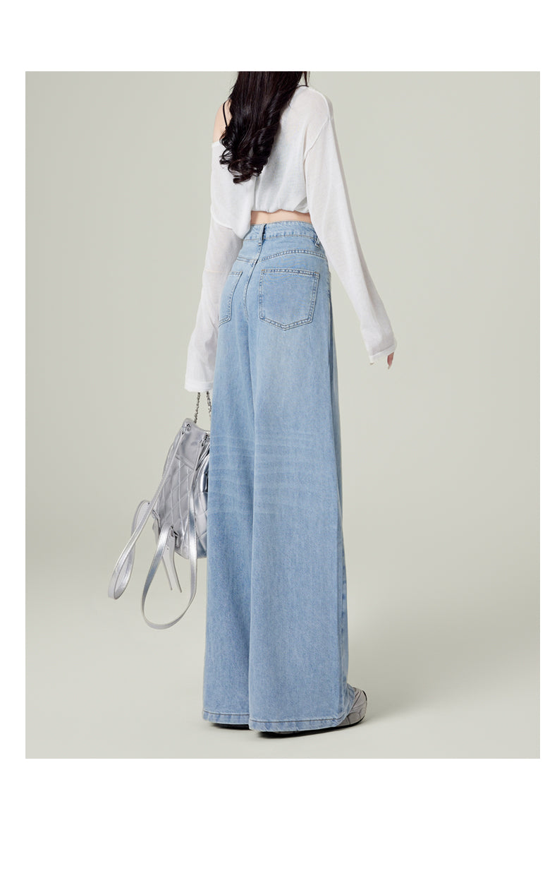 Retro dark blue wide-leg jeans for women, spring and autumn, high-waisted, loose-fitting, floor-length trousers.