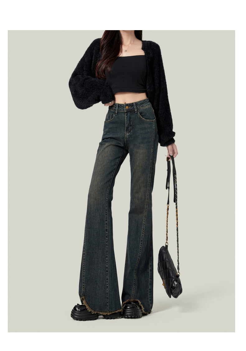 Light blue flared jeans for women, high-waisted, slim-fitting, platform style, floor-length.