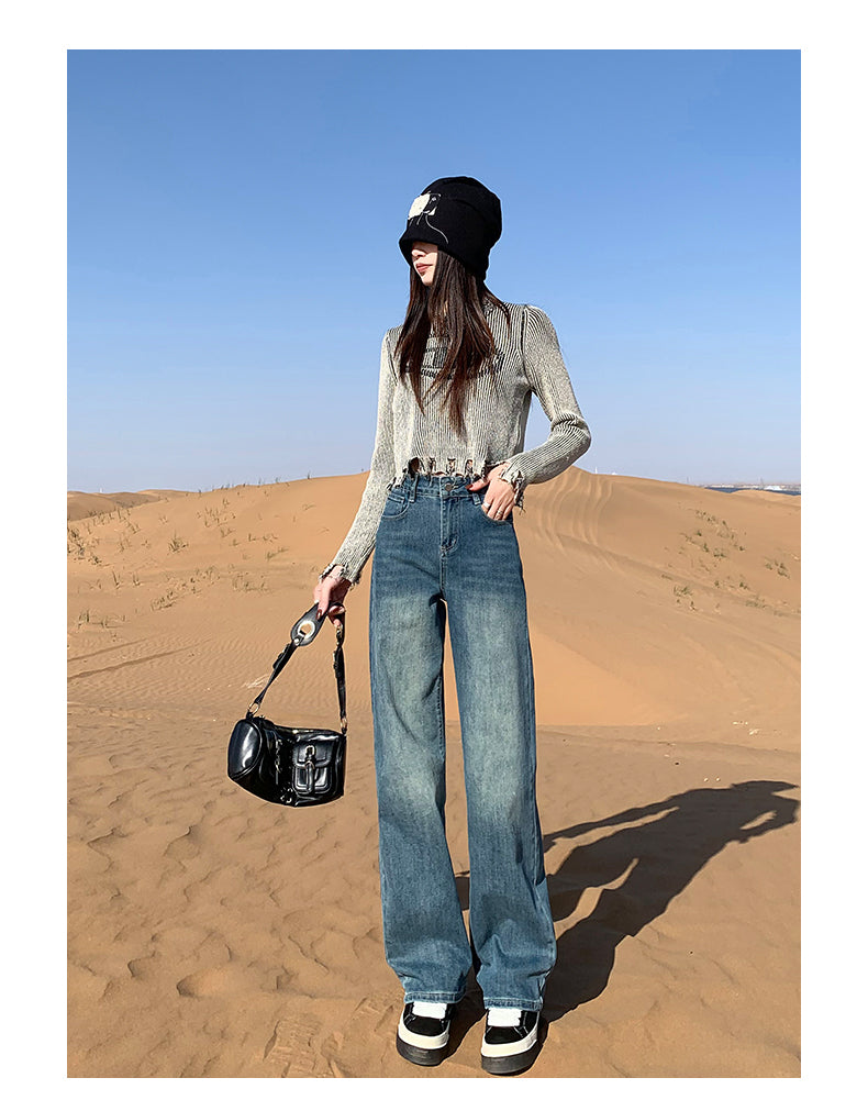 Cement gray fleece-lined slim-fit straight leg jeans for women, new style, high-waisted, slimming, wide-leg pants for petite women.