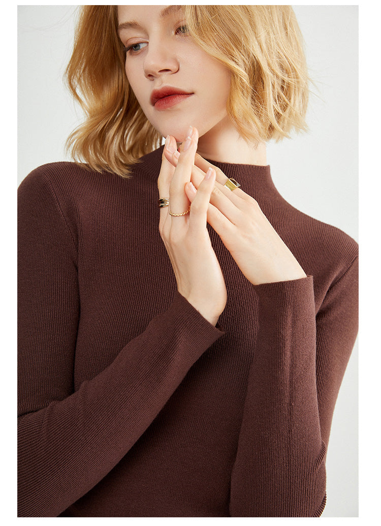 Women's Autumn/Winter High-Neck Sweater, Slim Fit, Solid Color, High-End Wool Knit Base Layer, Striped Design, Suitable for Inner Wear or Outer Wear
