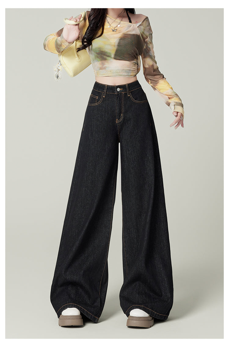Retro dark blue wide-leg jeans for women, spring and autumn, high-waisted, loose-fitting, floor-length trousers.