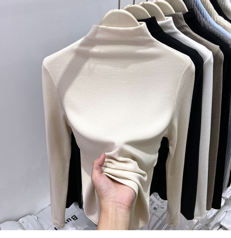 New autumn/winter style high-neck mousse cashmere long-sleeved base layer top for women, brushed fleece inner layer, high-end fleece-lined top