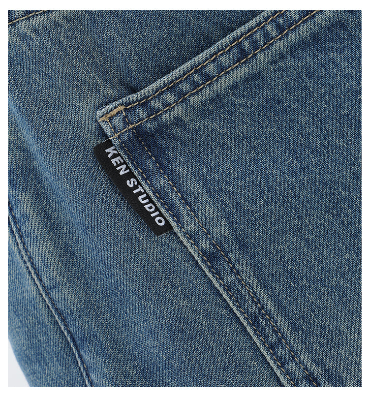 American retro blue straight-leg wide-leg jeans for women, casual and versatile, light-colored, floor-length trousers.