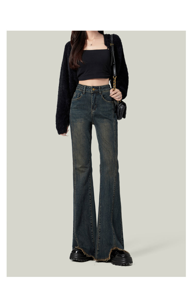 Light blue flared jeans for women, high-waisted, slim-fitting, platform style, floor-length.