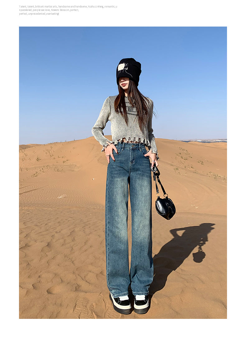 Cement gray fleece-lined slim-fit straight leg jeans for women, new style, high-waisted, slimming, wide-leg pants for petite women.