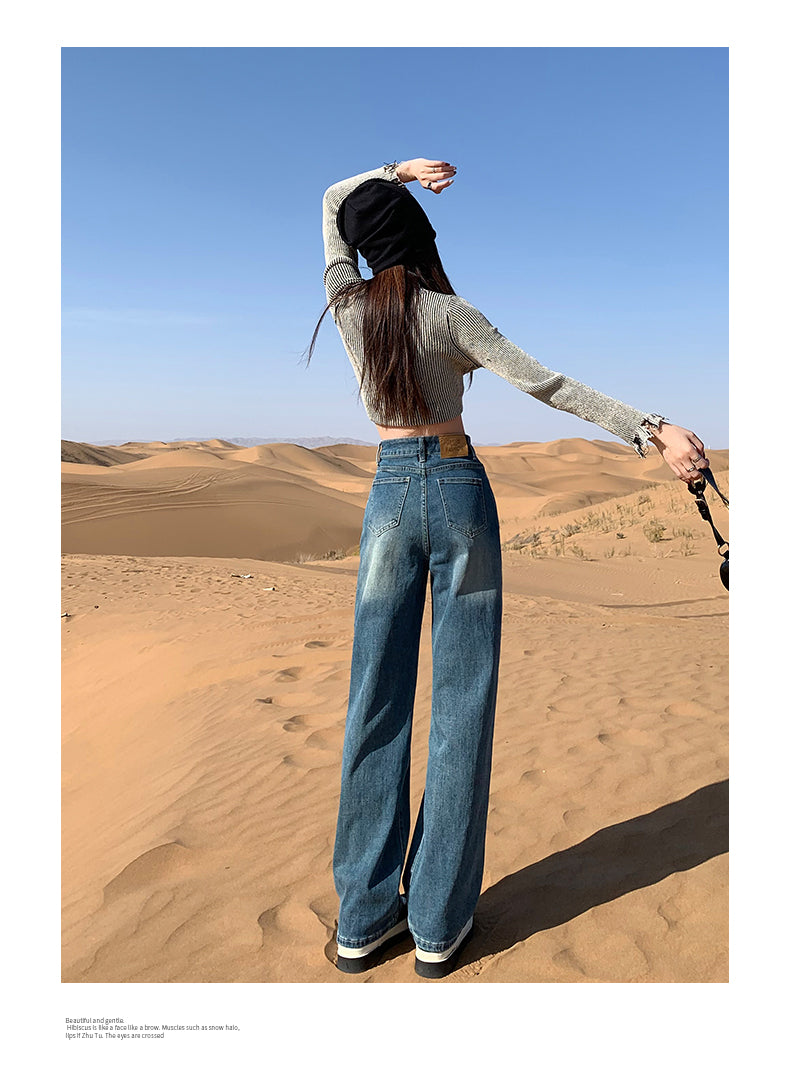 Cement gray fleece-lined slim-fit straight leg jeans for women, new style, high-waisted, slimming, wide-leg pants for petite women.