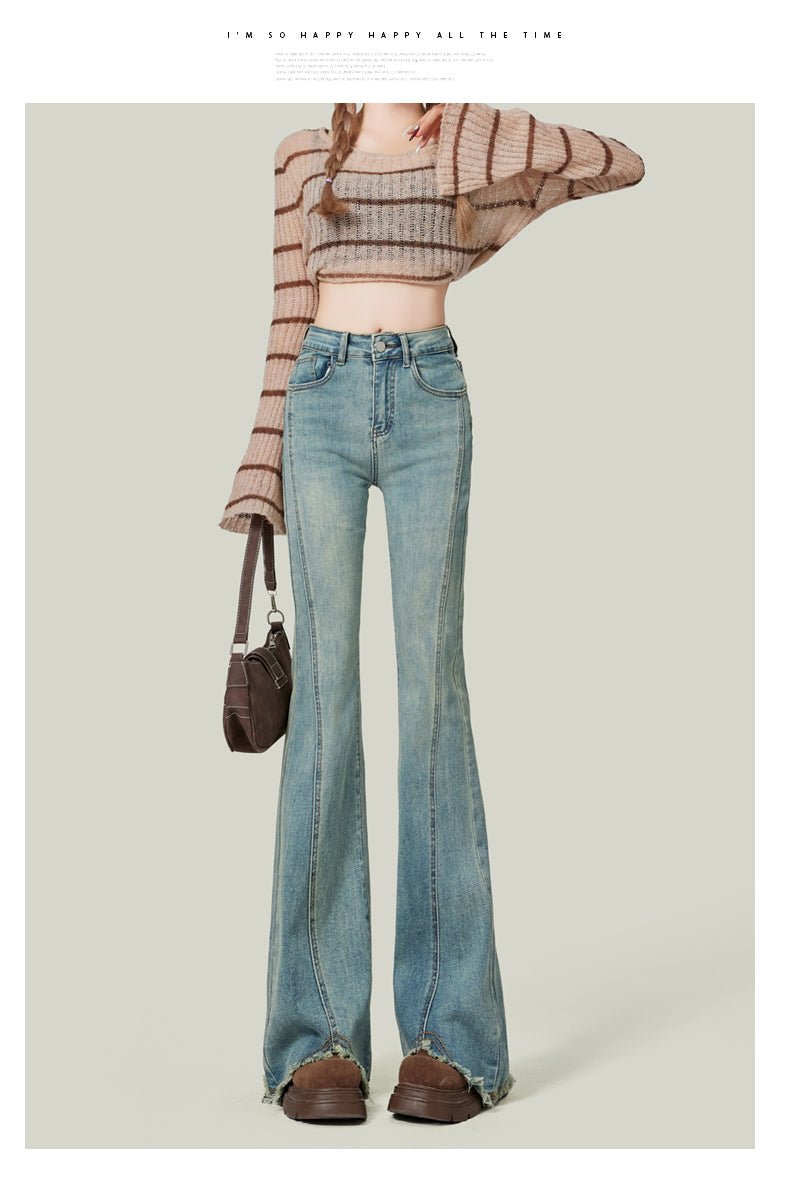 Retro American style high-waisted nano gray flared jeans for women, slimming, platform, floor-length trousers