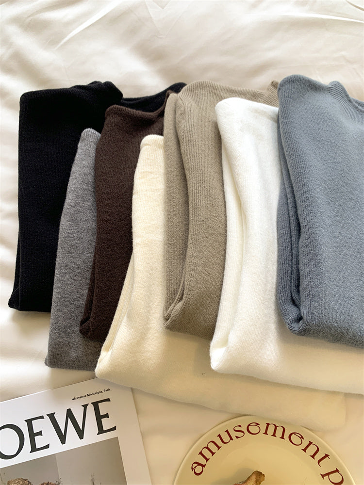 Soft and fluffy cashmere-feel high-neck knitted base layer sweater for women in spring, autumn and winter, with fleece lining, solid color, pullover sweater.