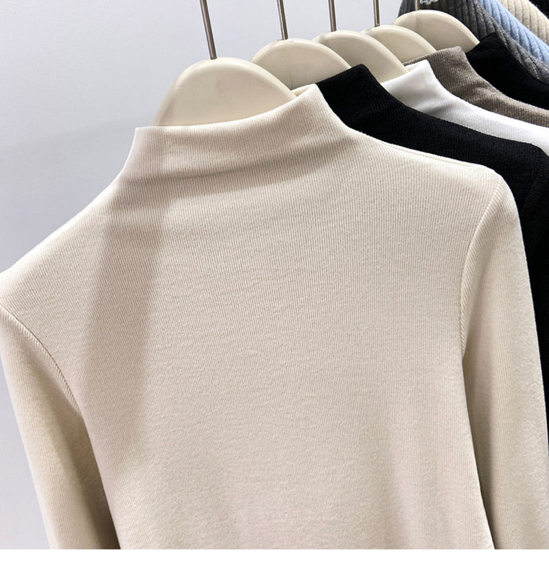 New autumn/winter style high-neck mousse cashmere long-sleeved base layer top for women, brushed fleece inner layer, high-end fleece-lined top