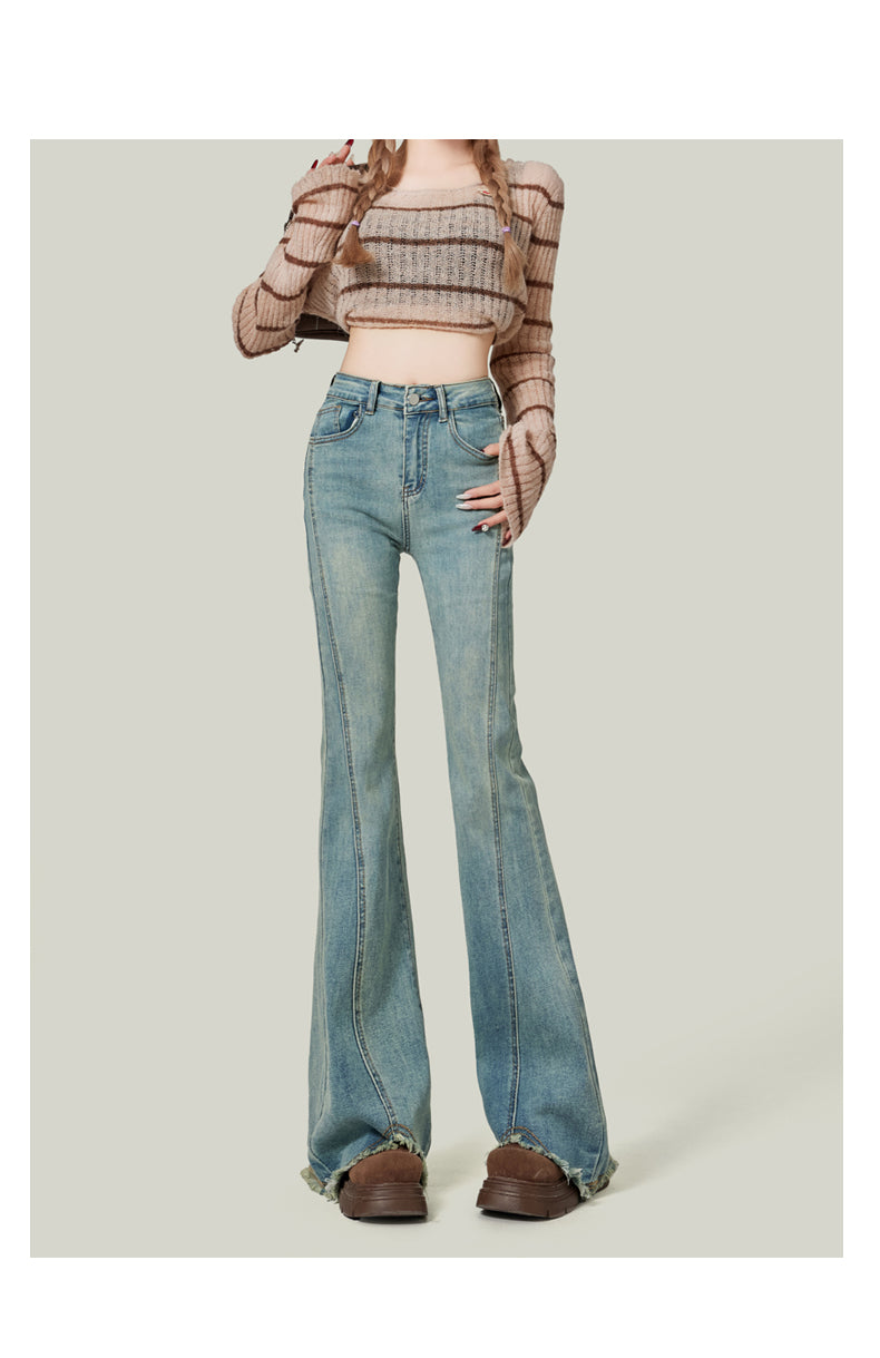 Retro American style high-waisted nano gray flared jeans for women, slimming, platform, floor-length trousers