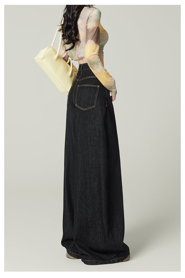 Retro dark blue wide-leg jeans for women, spring and autumn, high-waisted, loose-fitting, floor-length trousers.