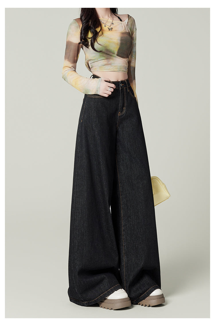 Retro dark blue wide-leg jeans for women, spring and autumn, high-waisted, loose-fitting, floor-length trousers.