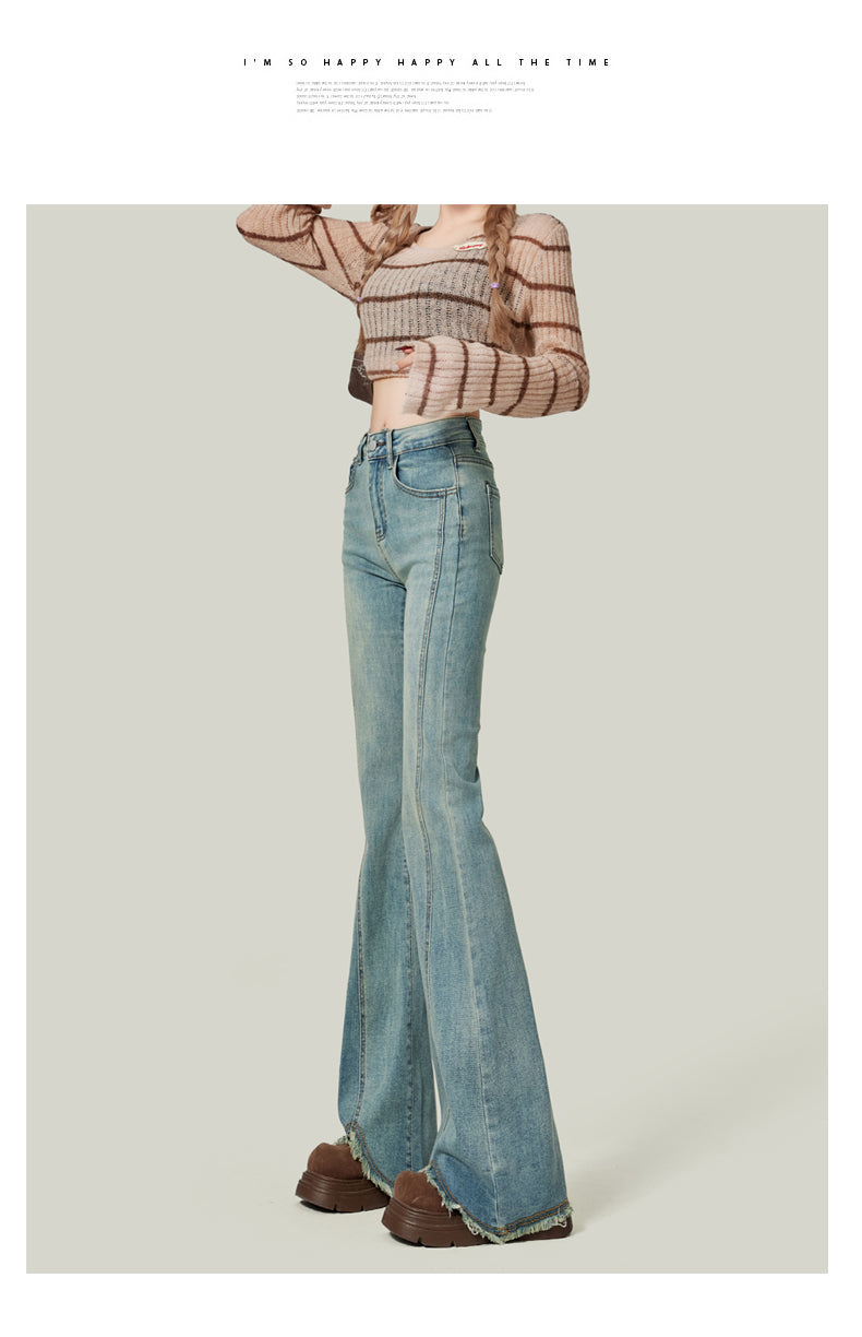 Retro American style high-waisted nano gray flared jeans for women, slimming, platform, floor-length trousers