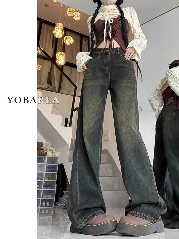 Women's wide-leg jeans for autumn and winter, fleece-lined, pear-shaped, plus-size, loose, slimming, straight-leg trousers.