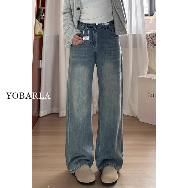 Retro blue straight-leg jeans for women, autumn and winter, fleece-lined and thickened, suitable for plus-size women, slimming for pear-shaped figures, loose wide-leg pants.