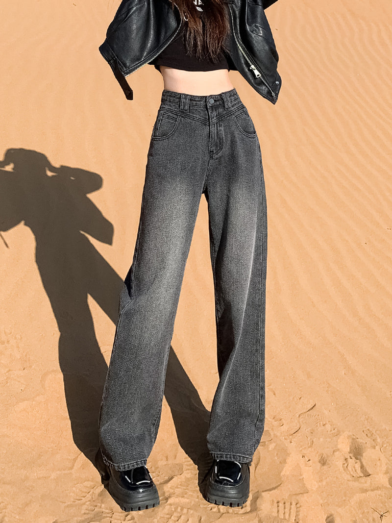 New style black and gray wide-leg jeans for women, American style, high-waisted, loose fit, slimming, straight leg, autumn and winter look.