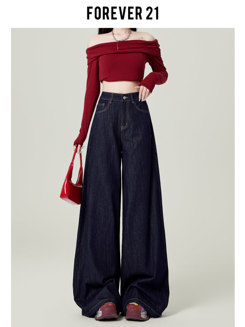 Retro dark blue wide-leg jeans for women, spring and autumn, high-waisted, loose-fitting, floor-length trousers.