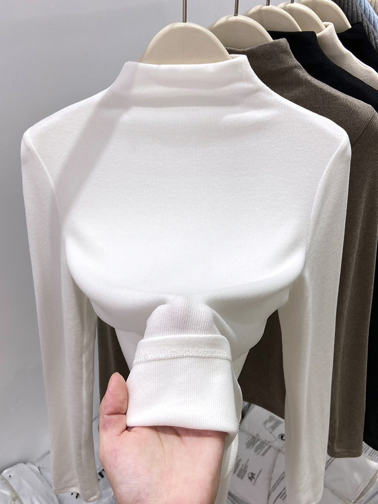 New autumn/winter style high-neck mousse cashmere long-sleeved base layer top for women, brushed fleece inner layer, high-end fleece-lined top