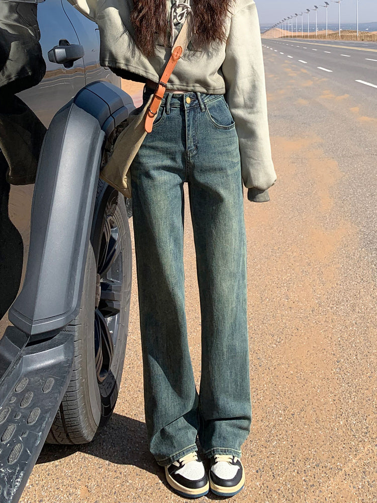 Cement gray fleece-lined slim-fit straight leg jeans for women, new style, high-waisted, slimming, wide-leg pants for petite women.