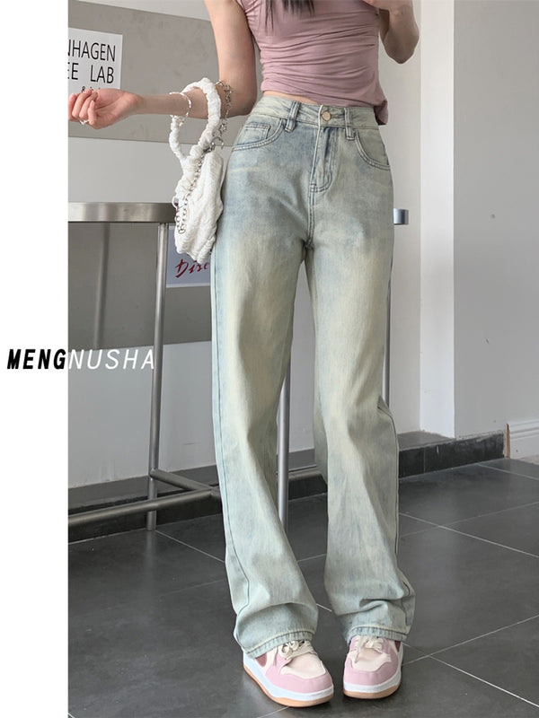 Light-colored slim-fit wide-leg jeans for women, new style, high-waisted, slimming, petite, loose straight leg pants