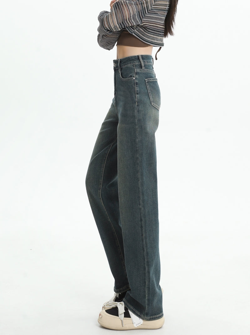 Women's straight-leg fleece-lined jeans, new autumn/winter style, high-waisted, retro, petite, slim-fit, wide-leg pants.