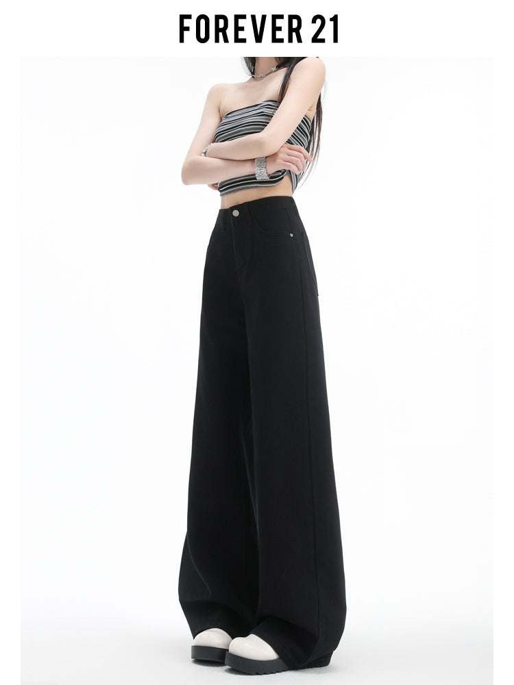 Stylish black high-waisted wide-leg jeans for women with pear-shaped figures, loose-fitting straight leg.