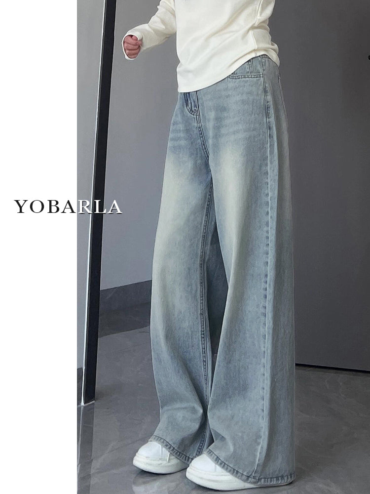 Light-colored straight-leg jeans for women, autumn and winter, fleece-lined and thickened, plus size, loose fit, slimming, pear-shaped figure wide-leg pants.