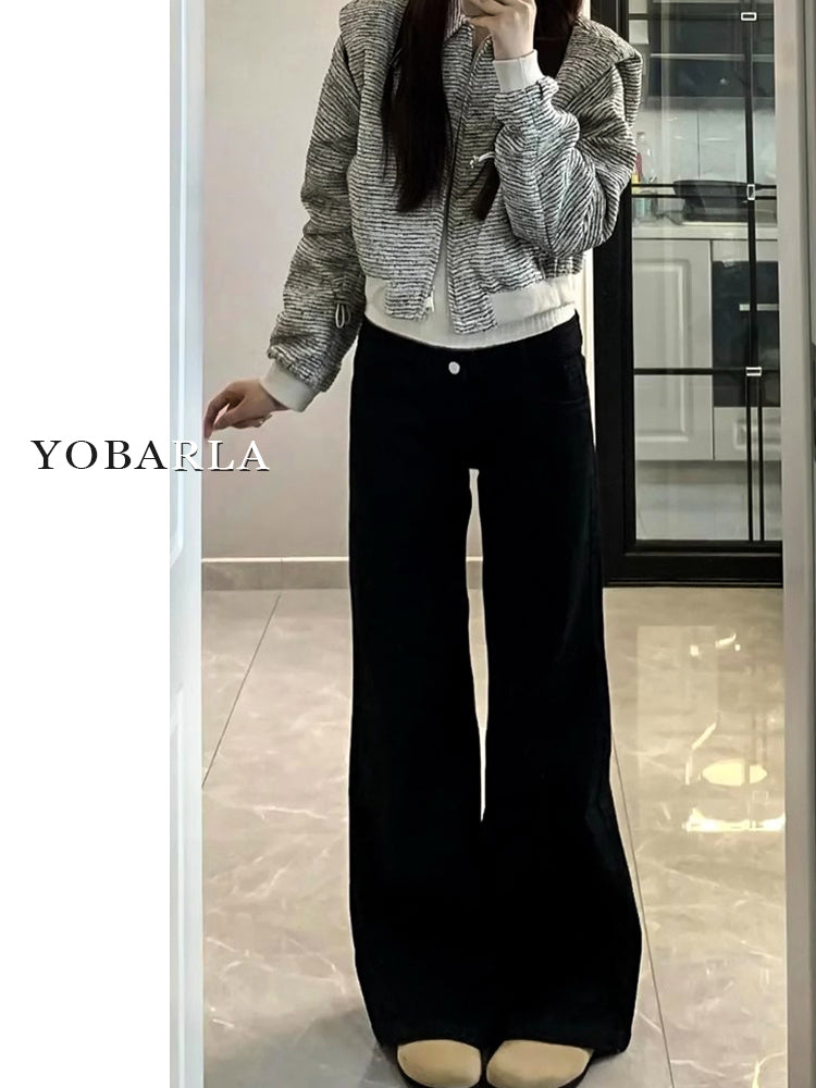 Women's black flared jeans, autumn/winter style, fleece-lined, plus size, stretchy, slimming, pear-shaped figure, wide-leg, platform pants.