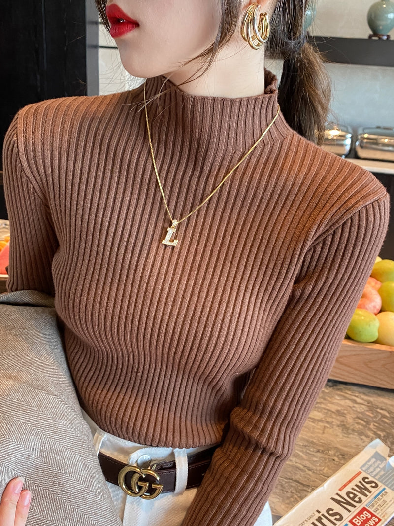 Women's high-neck sweater, new autumn and winter style, mid-neck base layer, high-end slim-fit knit top.