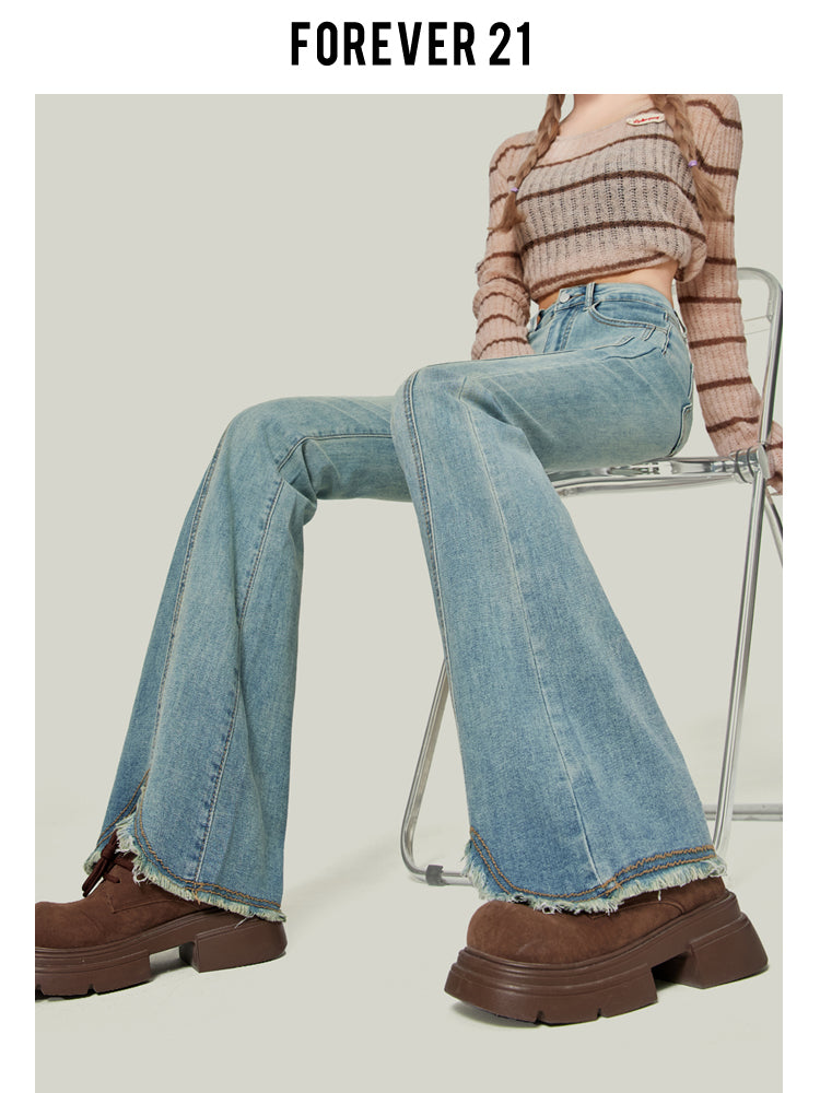 Light blue flared jeans for women, high-waisted, slim-fitting, platform style, floor-length.