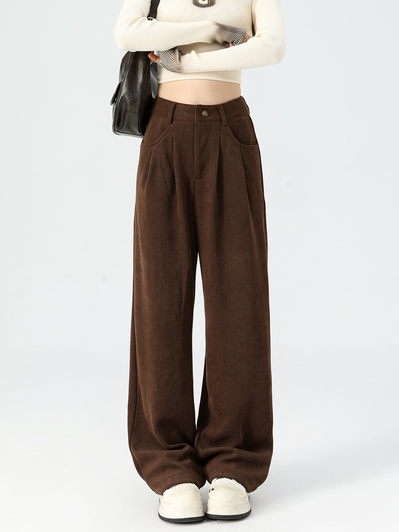 Maillard dark brown corduroy pants, new autumn/winter style, high-waisted, short-leg brown, casual pants.