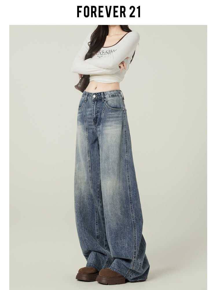 Retro blue high-street loose wide-leg jeans for women, American design, high waist and drape.