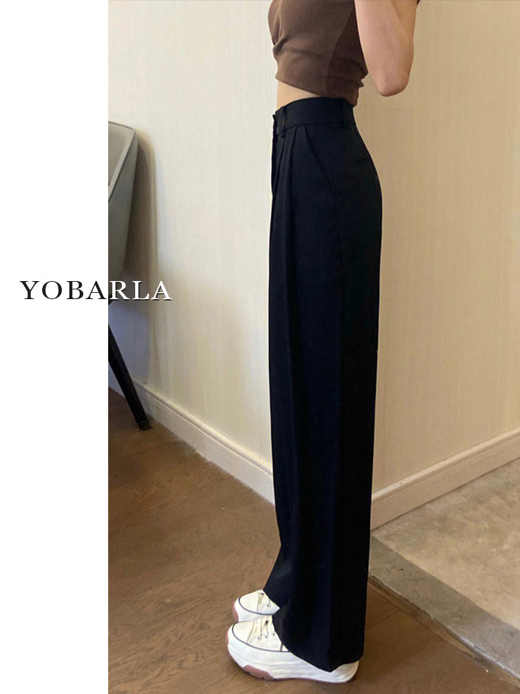 Women's black wide-leg casual suit pants, plus size, loose fit, flattering for pear-shaped figures, straight leg drape.